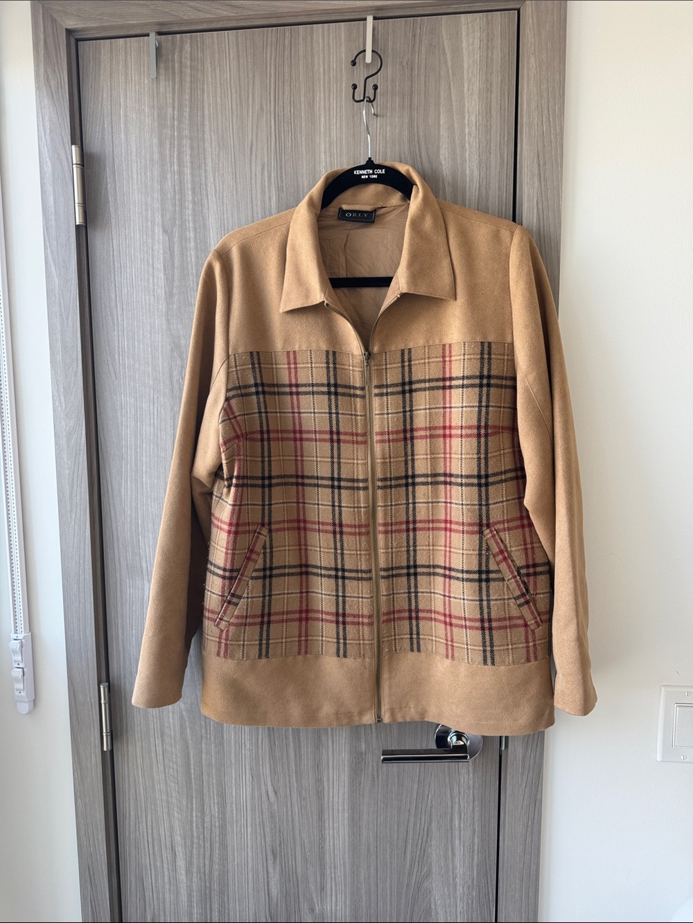 Plaid-Front Tan Zip Jacket by Orly